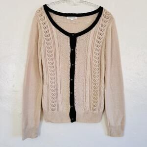 Cable Knit Cardigan Sweater Women's S Cream & Black Preppy Delicate Crochet